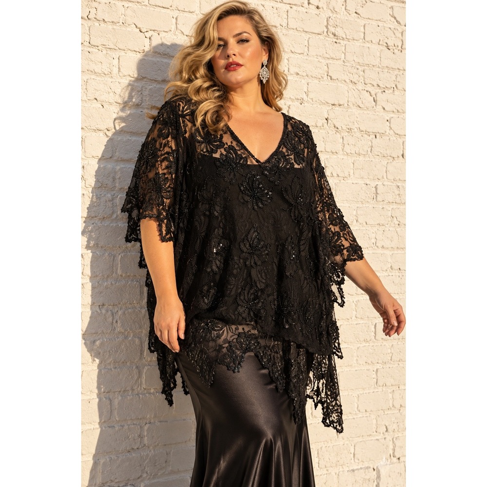 Vintage Gunit Black Rayon Lace Sequin Beaded Tunic Dress Gothic Plus Size 2X/3X